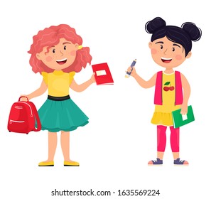 Schoolgirls in fashionable clothes with a backpack, notebook and pencil. Vector isolates in cartoon flat style.