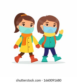 Schoolgirls going to school flat vector illustration. Couple pupils with medical masks on their faces holding hands isolated cartoon characters. Two elementary school students with backpacks waving h