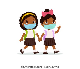 Schoolgirls going to school flat vector illustration. Couple pupils with medical masks on their faces holding hands isolated cartoon characters. Two dark skin  elementary school students with backpack