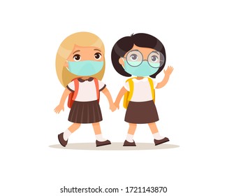 Schoolgirls going to school flat vector illustration. Couple pupils with medical masks on their faces holding hands isolated cartoon characters. Two elementary school students with backpacks 