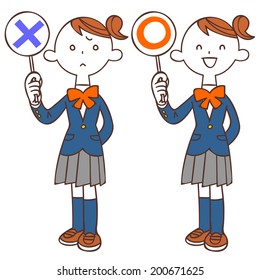 Schoolgirls listed placards of correct and incorrect answers