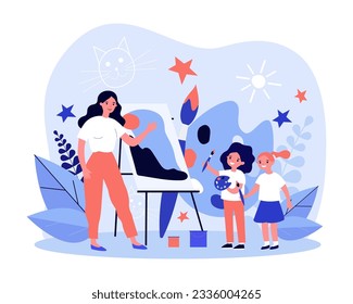 Schoolgirls painting on canvas with teacher vector illustration. Drawing of little students with paints and brushes studying arts, painting landscape. Art, hobby, creativity, education concept