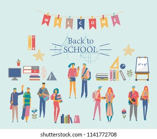 Schoolgirls and schoolboys with books, backpacks and school bags. Back to school vector poster in flat style. Happy and smiling teenagers. 