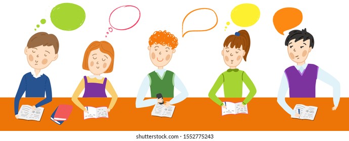 Schoolgirls and schoolboys sitting at the desk studying in school. Childrens reading the book and writing in copybook at the table. Kids study. Flat cartoon education background. Thinking bubbles.
