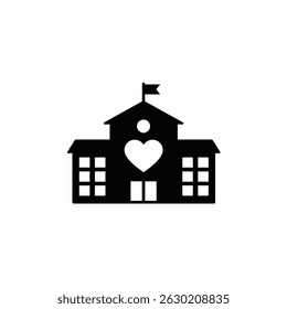 Ícone do edifício da escola com um símbolo do coração que ilustra a educação e o amor