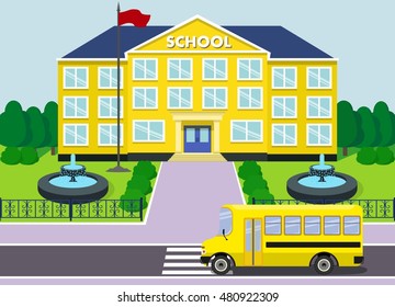 Schoolhouse over landscape background with school bus and fountain. Vector illustration.