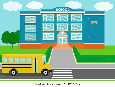 Schoolhouse over landscape background with school bus. Vector illustration.