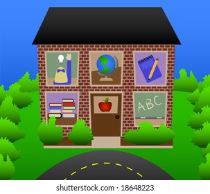 Schoolhouse with school scenes in windows.