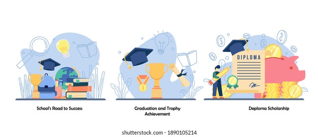 Schooling, Academic Achievement, Reward Icon Set. School Road To Success, Graduation And Trophy Achievement, Deploma Scholarship.Vector Flat Design Isolated Concept Metaphor Illustrations