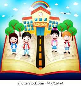 Schooling Children On  Top Of Red Book With School Building And Rainbow. Vector Illustration
