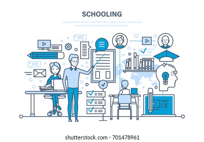 Schooling concept. Corporate training, education for college, distance learning, skills. Teaching on lesson in classroom. Learning, knowledge. Illustration thin line design of vector doodles.