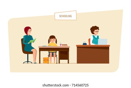 Schooling concept. Education in school. Lesson in classroom. Mom learns lessons at home with her daughter. The teacher works at the desk with documents and materials. Illustration in cartoon style.