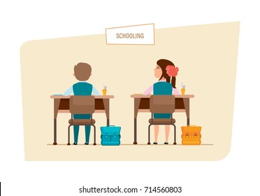 Schooling concept. Modern education in school. Lesson in classroom. Classmates sit next to each other, behind desks, with school accessories and backpacks. Illustration isolated in cartoon style.