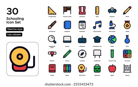 Schooling Filled Line Icon Set: Classrooms, Curriculum, and Educational Resources Icons