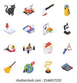 Schooling and Halloween Isometric Icons 

