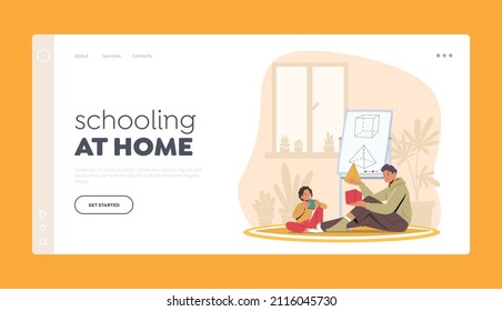 Schooling at Home Landing Page Template. Father and Little Kid Learn Geometric Shapes. Parent and Child Characters Sit on Floor Study and Learning Classes Together. Cartoon People Vector Illustration