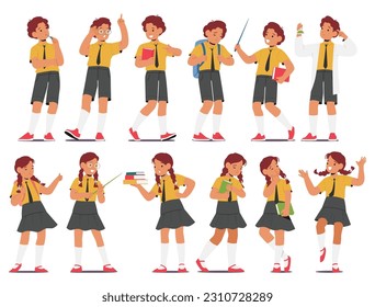 Schoolkid Character Different Poses and Expressions. Boys and Girls Rejoice, Show Thumb Up, Carry Books, Feel Happy or Upset, Holding Pointer. Cute School Children. Cartoon People Vector Illustration