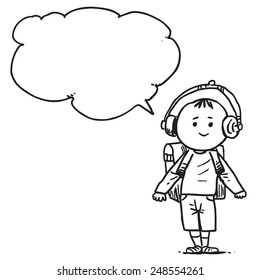 Escolar con auriculares hablando