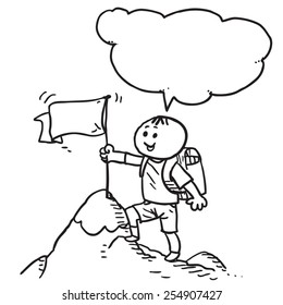 Schoolkid with flag on top of the hill speaking