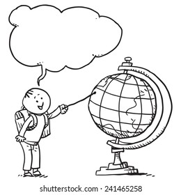 Schoolkid pointing on globe speaking