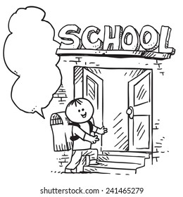 Schoolkid speaking and entering school (back to school concept)