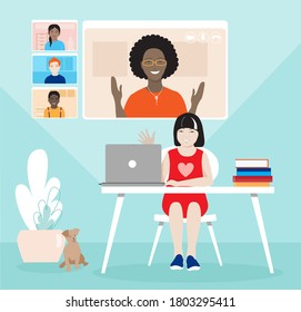 Schoolkid studying from home remotely vector concept. Schoolgirl with laptop at the desk, online lesson on screen, female dark skin teacher, diverse classmates. Homeschooling, safe distant learning.  