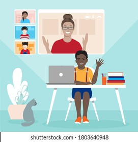 Schoolkid studying from home remotely vector concept. Dark skin schoolboy with laptop at the desk, online school lesson on screen, female teacher, diverse classmates. Homeschooling, distant learning.