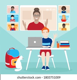 Schoolkid studying from home remotely vector concept. Schoolboy with laptop at the desk, online school lesson conference on screen, female teacher, diverse classmates. Homeschooling, distant learning