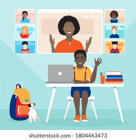 Schoolkid studying from home remotely vector concept. Dark skin schoolboy with laptop at the desk, online school lesson on screen, african teacher, diverse classmates. Homeschooling, distant learning