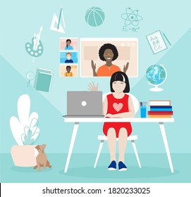 Schoolkid studying from home remotely vector concept. Schoolgirl with laptop, online lesson on screen, female dark skin teacher, diverse classmates, subject icons. Homeschooling, safe distant learning