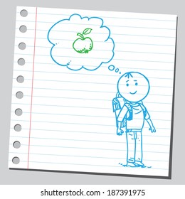 Schoolkid think about an apple