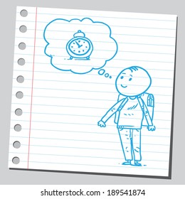 Schoolkid think about clock. Sketch style illustration.