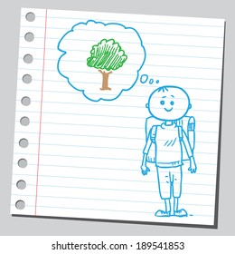 Schoolkid think about tree