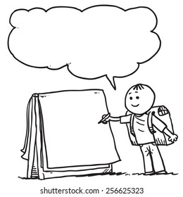 Schoolkid writing on flip chart and speaking