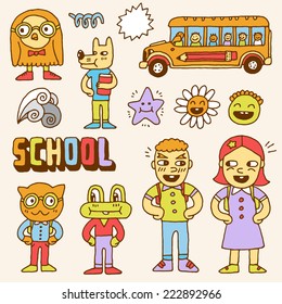 Schoolkids and animals colorful doodle set. Hand drawn. Vector illustration.