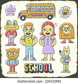 Schoolkids and animals vintage colorful doodle set on cardboard. Hand drawn. Vector illustration.