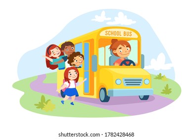 Schoolkids Characters Enter Yellow School Bus with Driver Girl inside. Kids with Backpack Waving Hands, Back to School Concept with Students Children Transportation. Cartoon People Vector Illustration