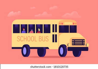 Schoolkids Characters in Medical Masks Sitting in Yellow School Bus. Kids Looking Out of Schoolbus Window, Students Children Back to School at Coronavirus Pandemic. Cartoon People Vector Illustration