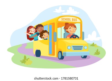 Schoolkids Characters Sitting In Yellow School Bus With Driver Girl At Steering Wheel. Kids With Waving Hands From Schoolbus Window, Back To School Student Children. Cartoon People Vector Illustration