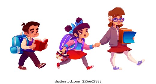 Schoolkids and female teacher walking to school isolated on white background. Vector cartoon illustration of smart boy with backpack reading book, little girl carrying lunch box, holding mothers hand