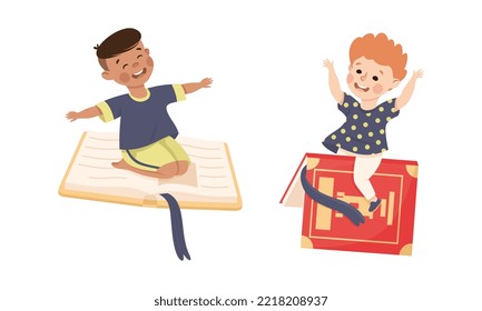 Schoolkids flying on books. Happy boys with school supplies. Back to school concept cartoon vector illustration