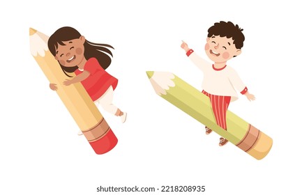 Schoolkids flying on pencils. Happy boy and girl with school supplies. Back to school concept cartoon vector illustration