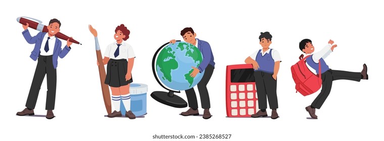 Schoolkids Gleefully Toting Oversized Stationery, Giant Pen, Paintbrush, Globe, Calculator and And Colossal Backpack. Pupils in Playful World Of Learning And Imagination. Cartoon Vector Illustration