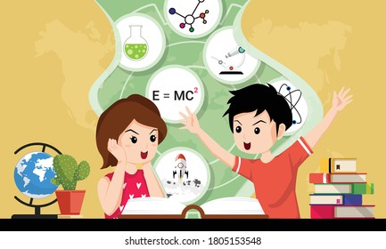 Schoolkids openning book. Concept of back to school, education, imagination. Student boy and girl reading about Science, supplies and learning. Horizontal web banner template. Vector illustration