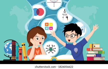 Schoolkids openning book. Concept of back to school, education, imagination. Student boy and girl reading about Mathematic, supplies and learning. Horizontal web banner template. Vector illustration