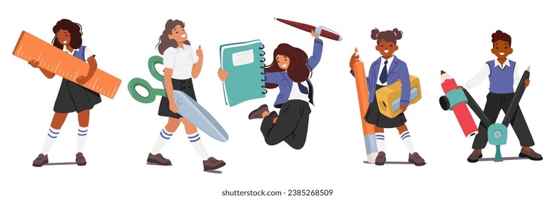 Schoolkids Proudly Displayed Their Massive Stationery Haul and Colorful Supplies, Ruler, Scissors, Notebook with Pen, Compass and Pencil Sharpener An Arsenal For Learning. Cartoon Vector Illustration