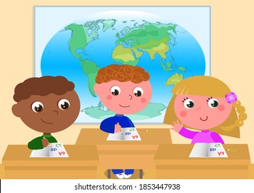 Escolares en la escuela en la clase de geografía ilustración vectorial