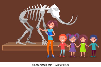 Schoolkids and teacher visit natural history museum. Skeleton of mammoth with big tusks and bones. Guide explaining about animal to pupils vector