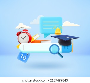 Schooll concept with searching tab.Online education concept. 3d vector illustration
