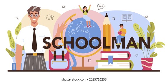 Schoolman typographic header. Professor giving a lesson in a classroom. School or college teacher. Idea of methodical academic education. Isolated flat vector illustration